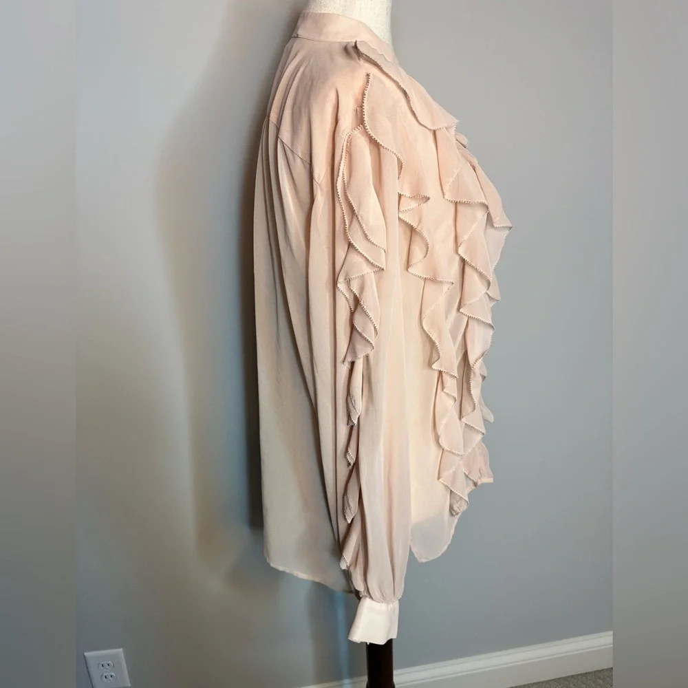 Sz M BCBG Maxazria blush pink ruffled long sleeve key hole sheer blouse
